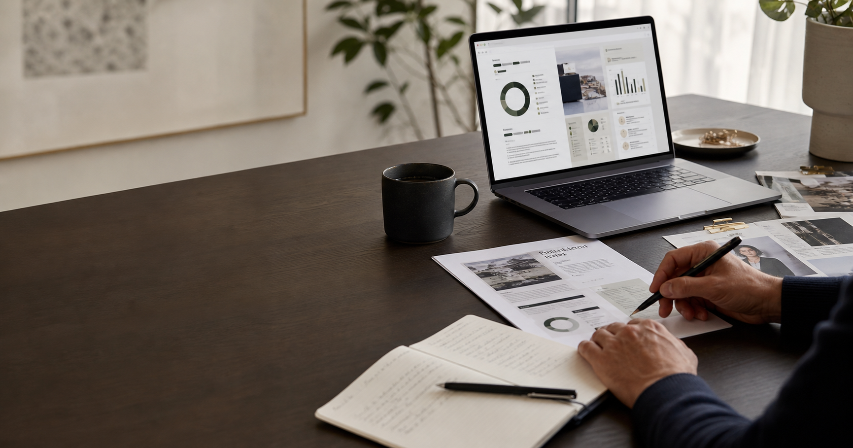 A modern PR strategy workspace with a laptop, media notes, and planning materials